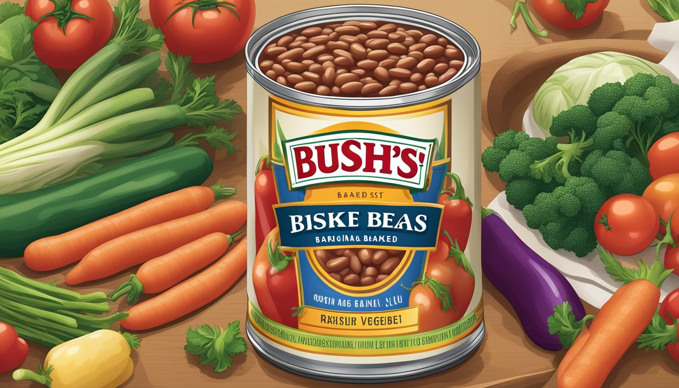 A can of Bush's Best Original Baked Beans surrounded by fresh vegetables and a measuring cup