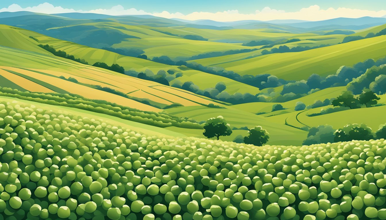 A lush field of organic chickpeas with a clear blue sky and rolling hills in the background