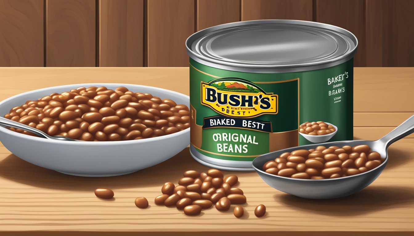 A can of Bush's Best Original Baked Beans sits on a wooden table next to a serving spoon and a bowl