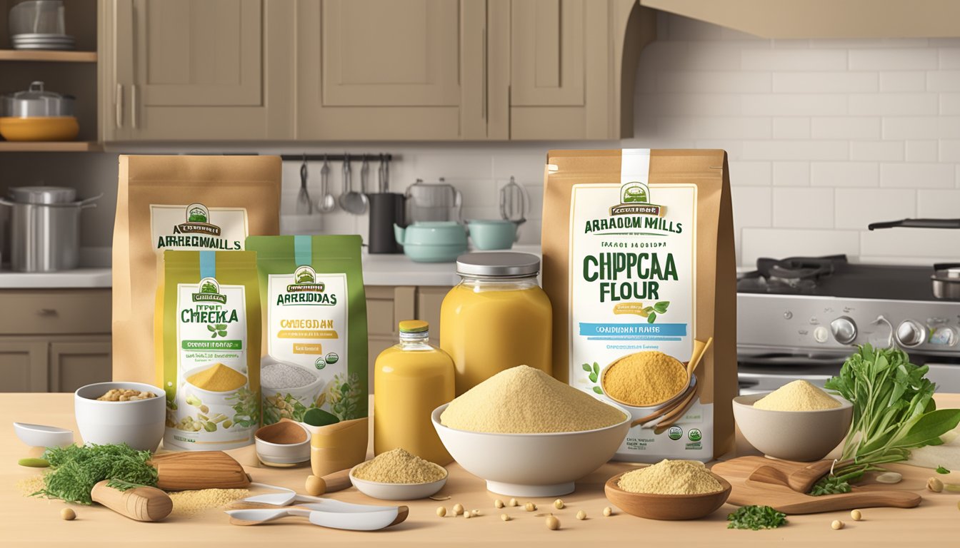 A kitchen counter with a bag of Arrowhead Mills organic chickpea flour surrounded by various cooking utensils and ingredients