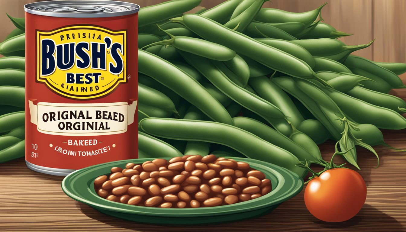 A can of Bush's Best Original Baked Beans sits on a rustic wooden table, surrounded by fresh green beans and a vine-ripened tomato