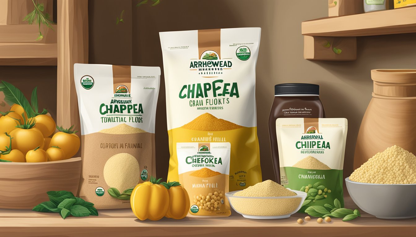 A bag of Arrowhead Mills organic chickpea flour sits on a wooden shelf, surrounded by other natural food products