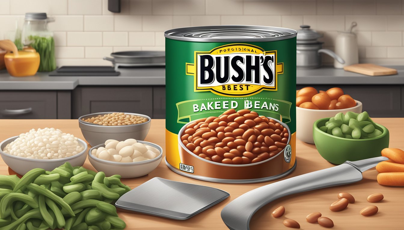 A can of Bush's Best Original Baked Beans sits on a clean, well-lit kitchen counter, surrounded by fresh ingredients and cooking utensils