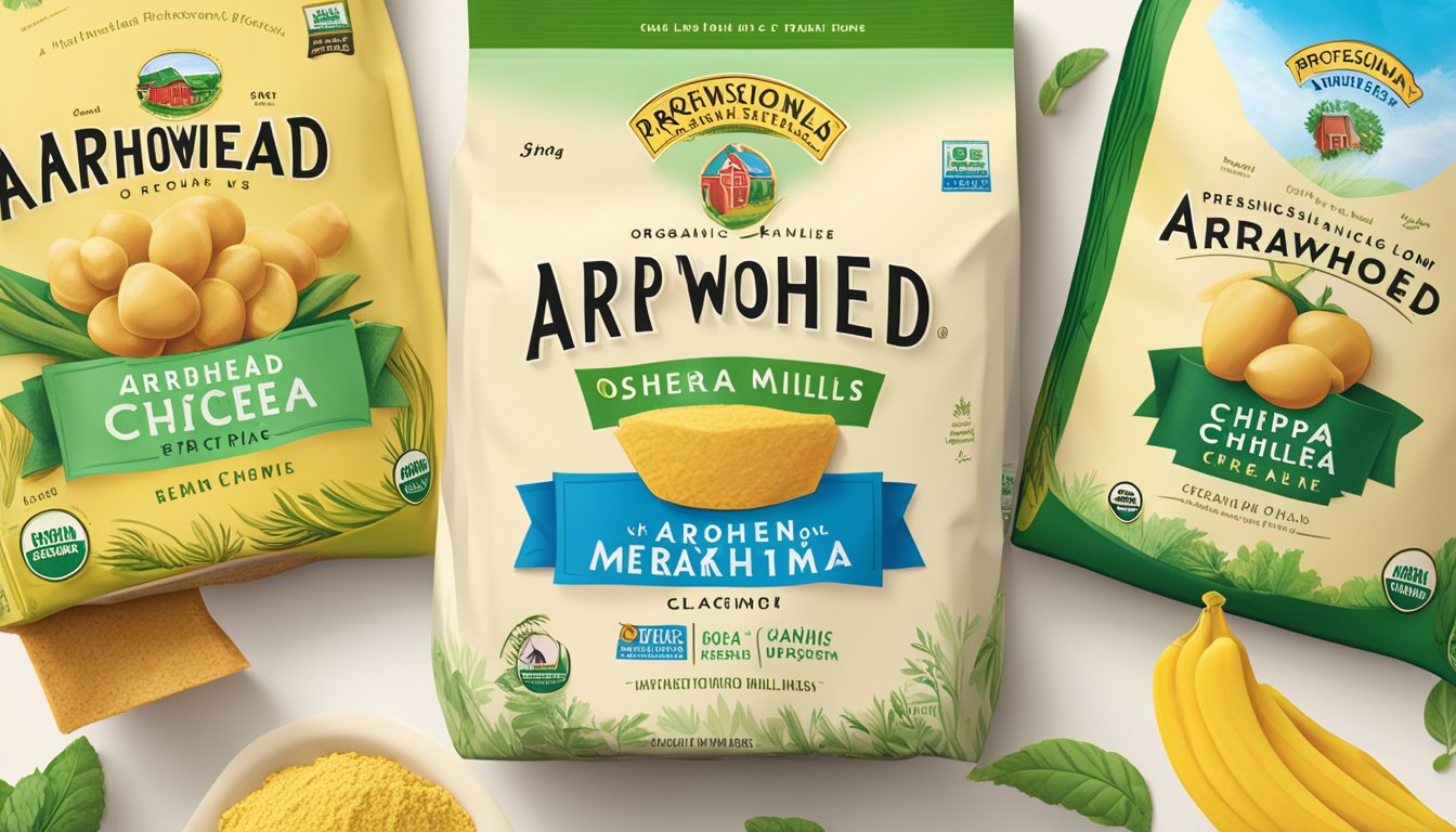 A bag of Arrowhead Mills organic chickpea flour stands prominently among other brands, with a bright and clean design that sets it apart