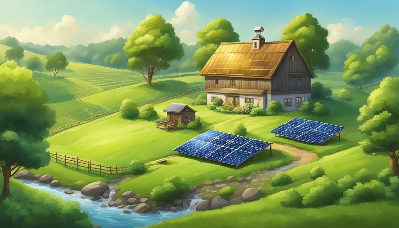 A lush green field with a clear blue sky, a small farm with solar panels, and a stream running through it, surrounded by trees