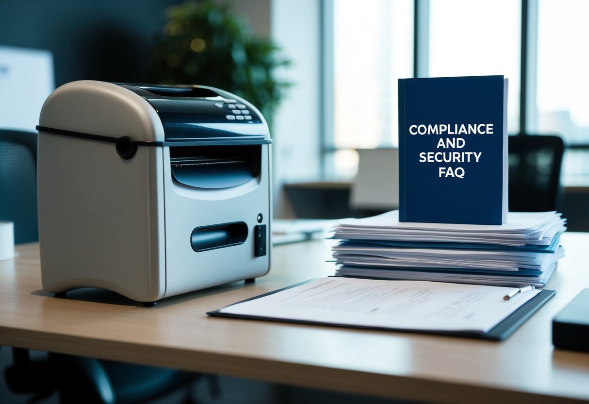 An office desk with a paper shredder, a stack of documents, and a "Compliance and Security FAQ" booklet