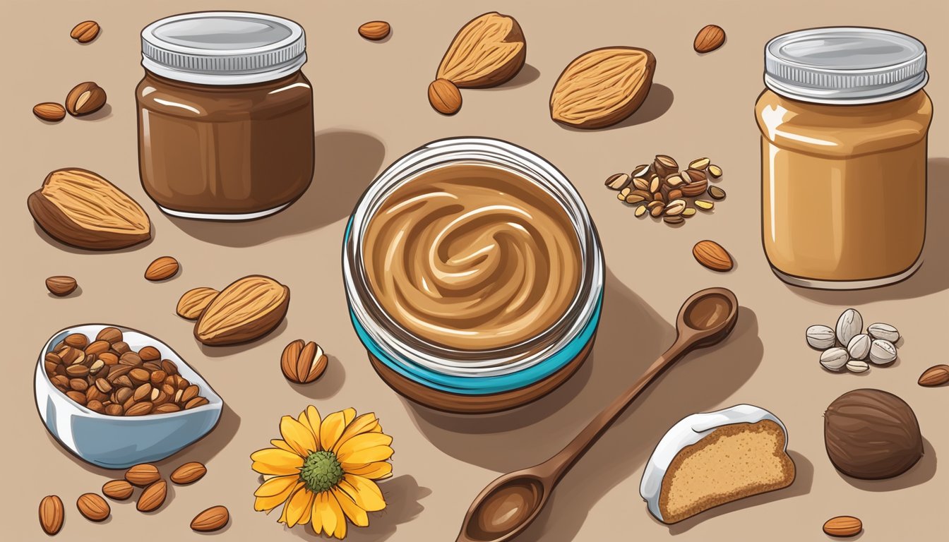 A jar of NuttZo Power Fuel nut butter surrounded by a variety of nuts and seeds, with a spoonful being spread onto a slice of bread