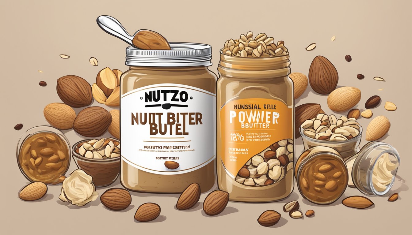 A jar of Nuttzo Power Fuel nut butter surrounded by a variety of nuts and seeds, with a spoonful of the creamy spread being lifted up