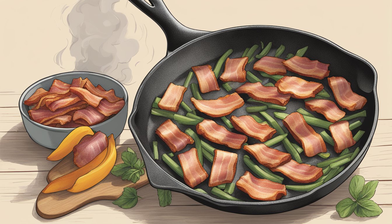 A sizzling skillet holds strips of Applegate organic uncured Sunday bacon, releasing a mouthwatering aroma