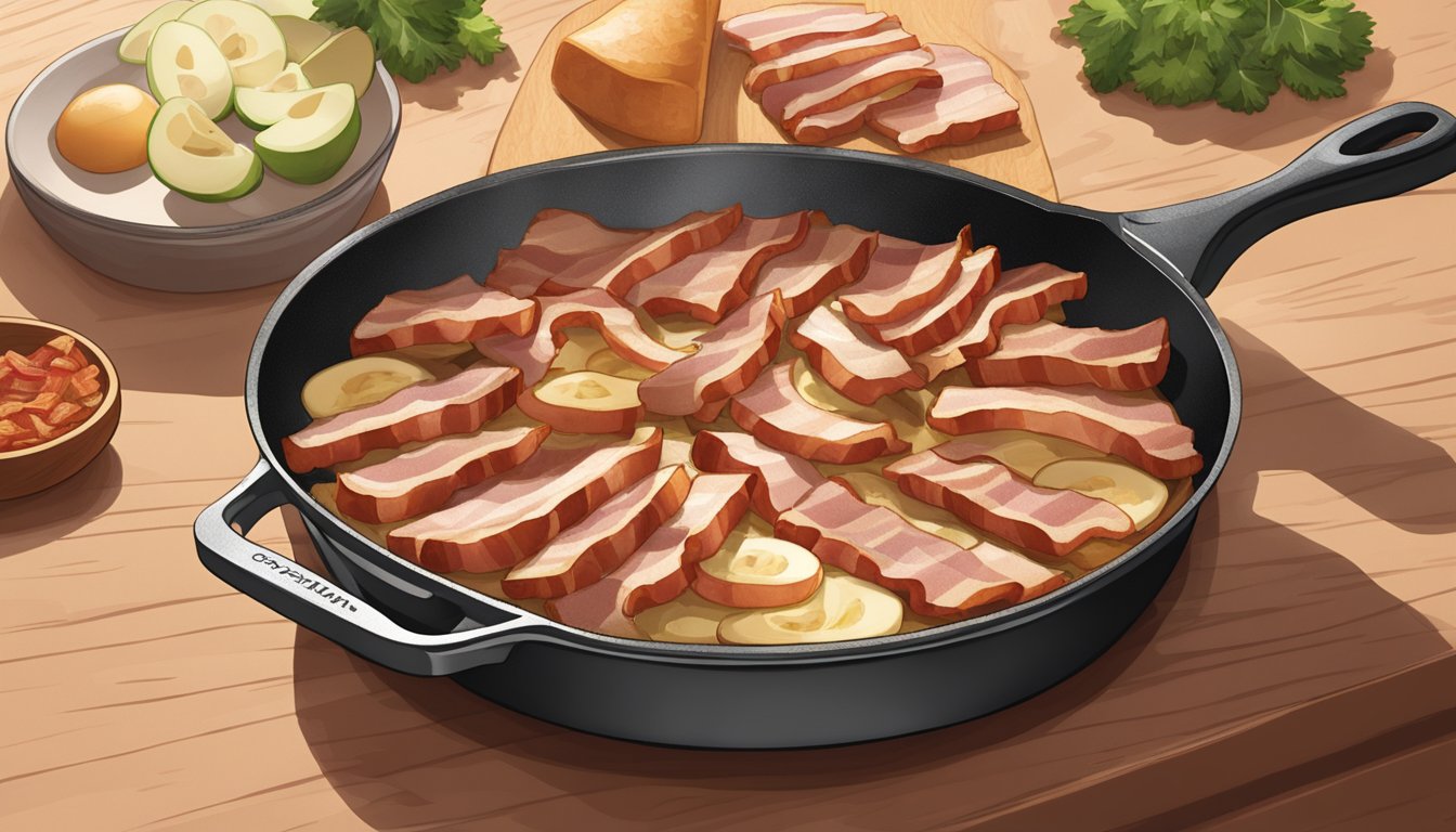 A sizzling pan with slices of Applegate Organic Uncured Sunday Bacon cooking to perfection over a medium heat