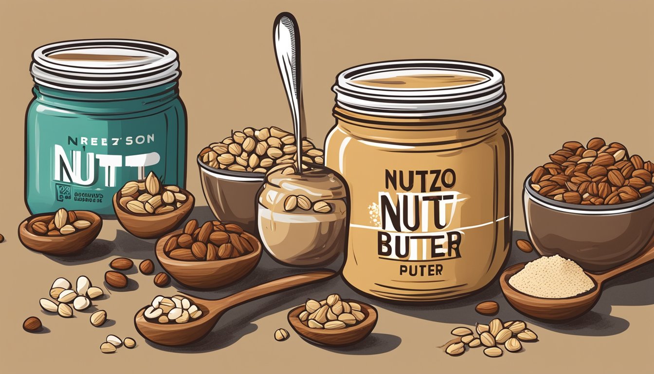 A jar of NuttZo Power Fuel Nut Butter surrounded by a variety of nuts and seeds, with a spoonful of the creamy spread being lifted out