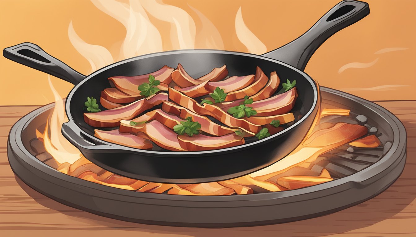 A sizzling skillet with strips of Applegate organic uncured Sunday bacon cooking over a medium heat flame