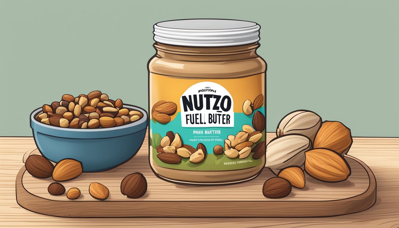 A jar of Nuttzo Power Fuel nut butter surrounded by a variety of nuts and seeds on a wooden cutting board