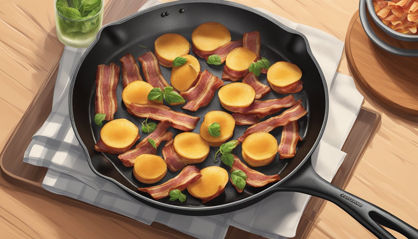 A sizzling skillet with strips of Applegate organic uncured Sunday bacon cooking to perfection on a stovetop