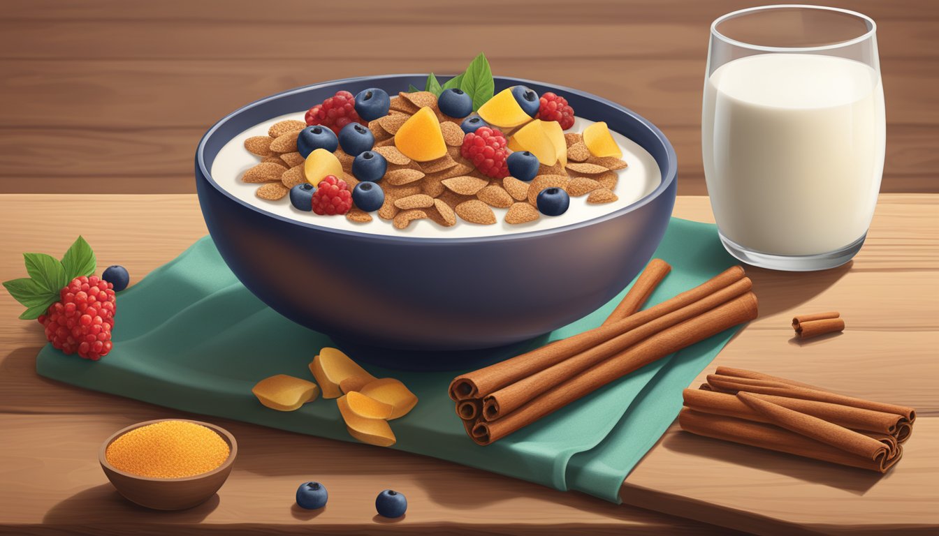 A bowl of Kashi Organic Promise Cinnamon Harvest cereal surrounded by fresh fruits and a glass of milk on a wooden table