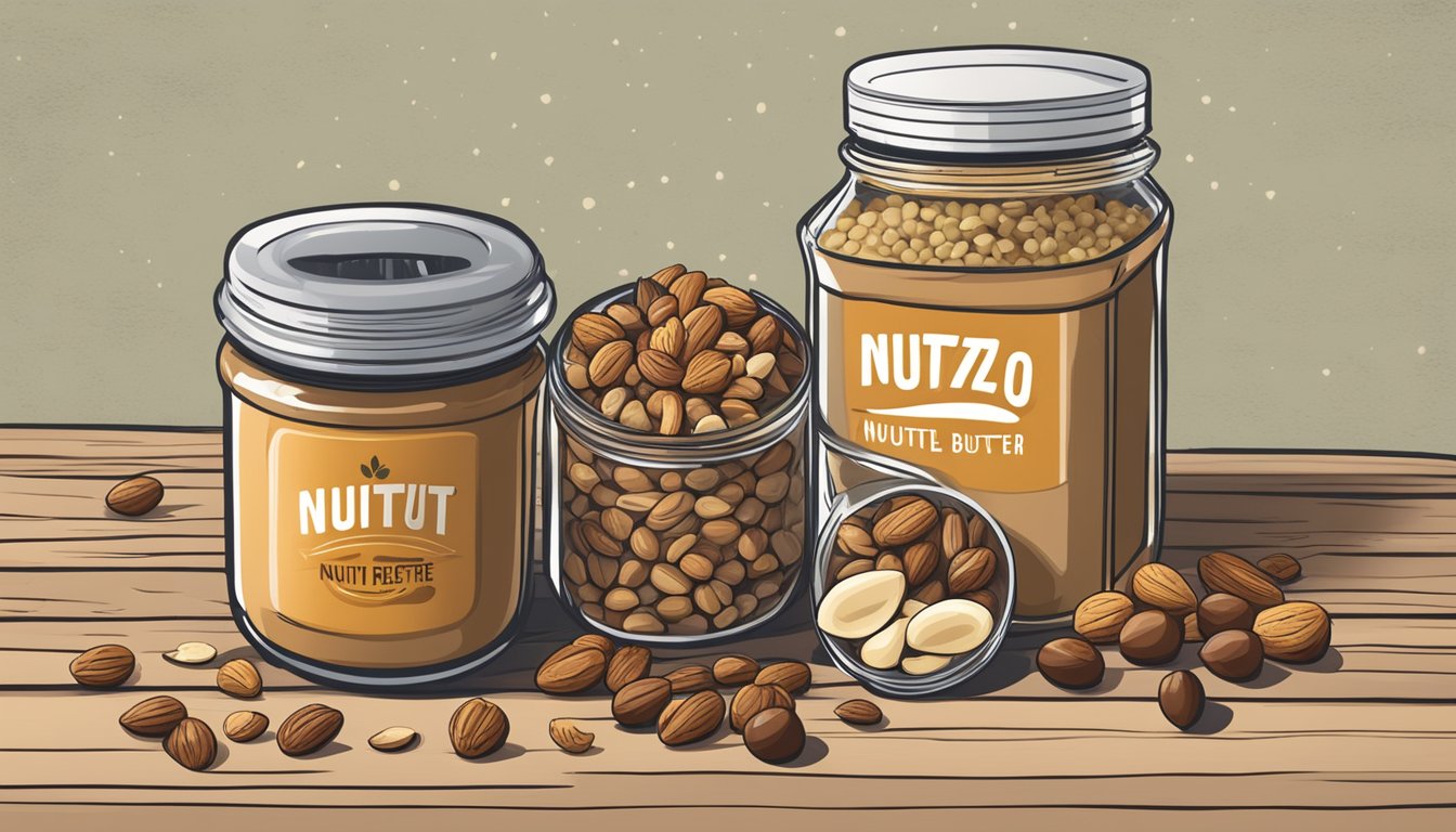 A jar of Nuttzo Power Fuel Nut Butter surrounded by various nuts and seeds on a rustic wooden table