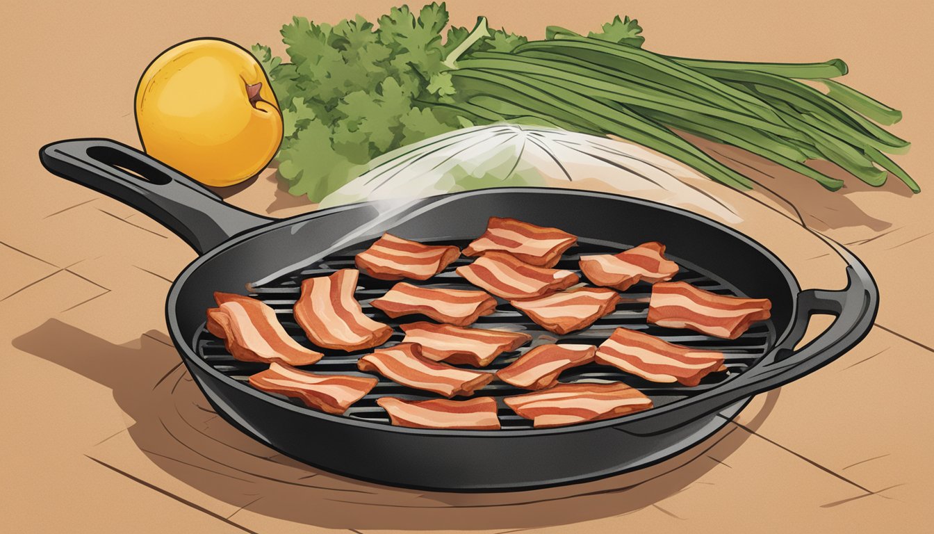 A sizzling skillet with strips of Applegate organic uncured Sunday bacon