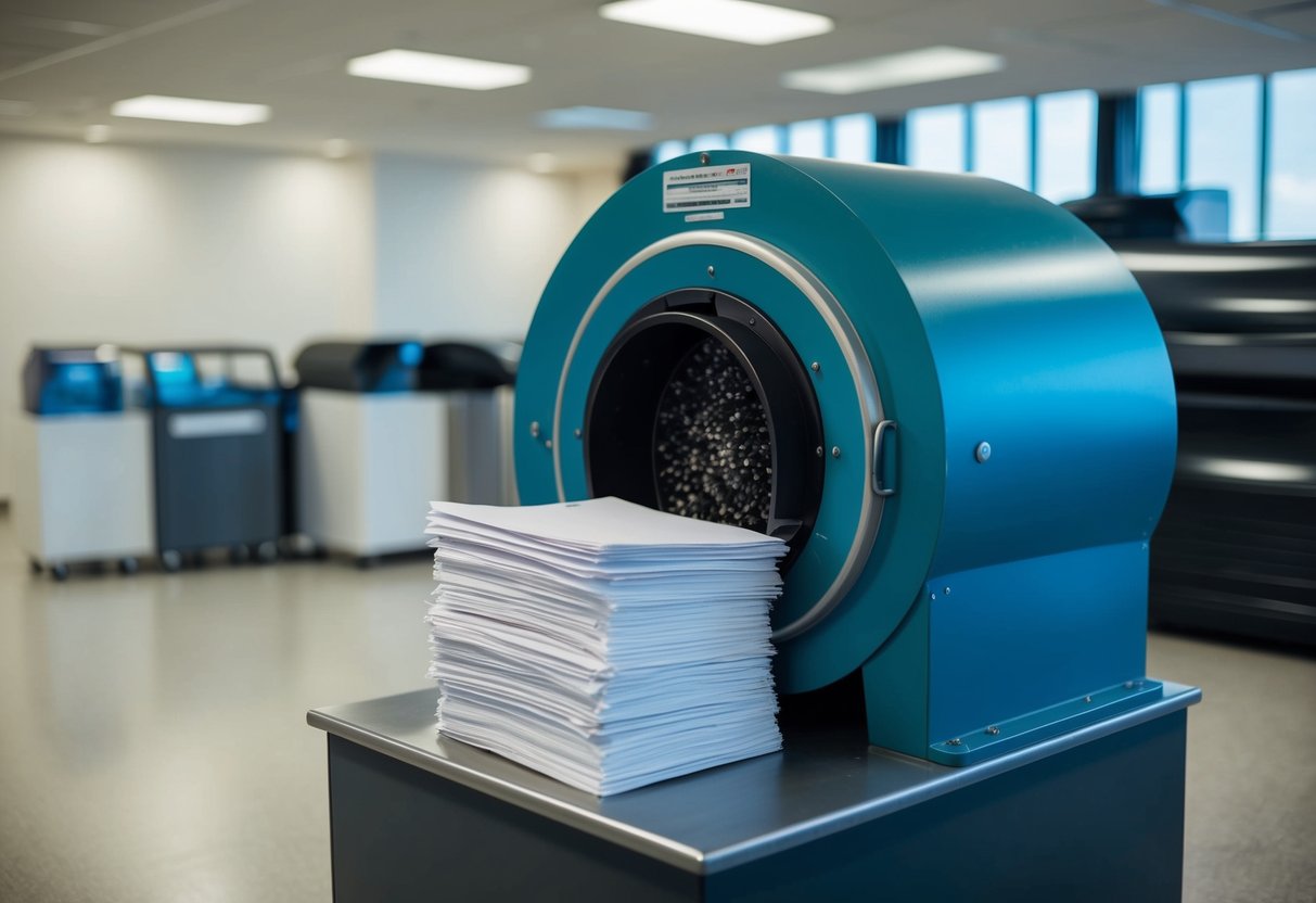 A secure shredding process: a large industrial shredder in a clean, well-lit facility, with stacks of paper waiting to be shredded