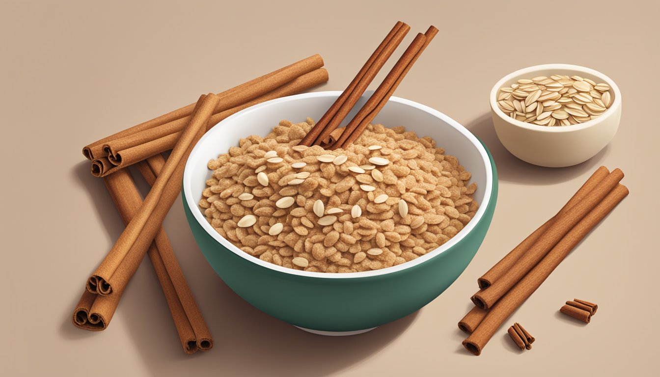 A bowl of Kashi Organic Promise Cinnamon Harvest cereal surrounded by fresh cinnamon sticks and whole grain oats