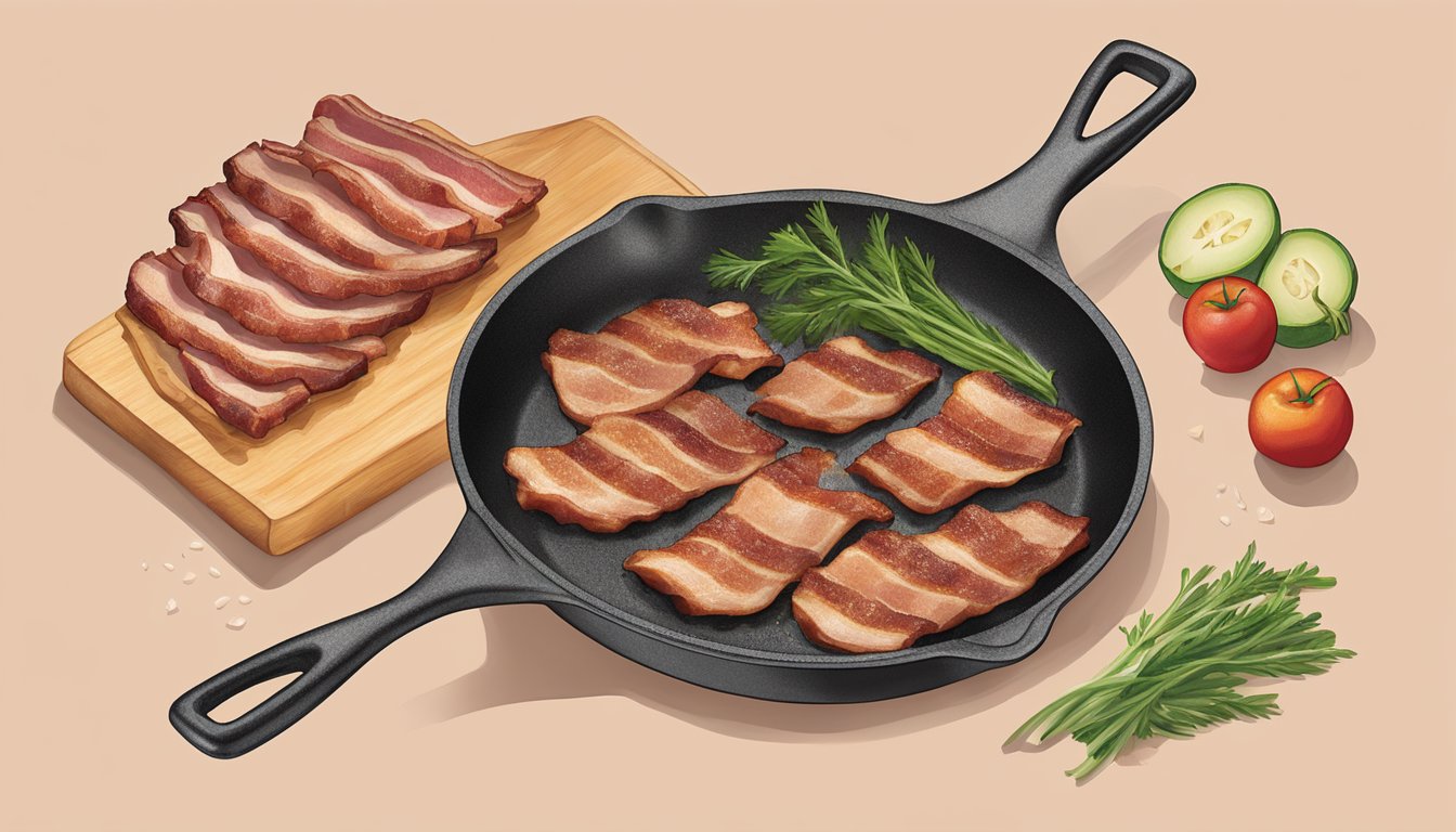 A sizzling skillet with Applegate organic uncured Sunday bacon cooking