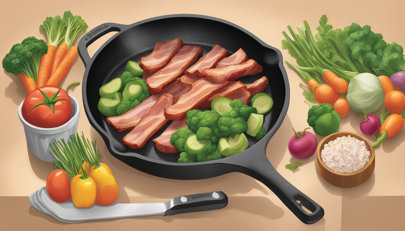 A sizzling skillet with Applegate organic uncured Sunday bacon cooking, surrounded by fresh vegetables and compostable packaging