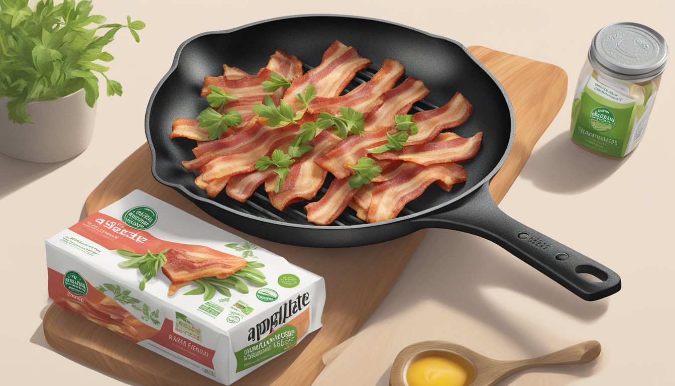 A sizzling skillet with strips of bacon cooking, emitting a savory aroma. A package of Applegate Organic Uncured Sunday Bacon sits nearby