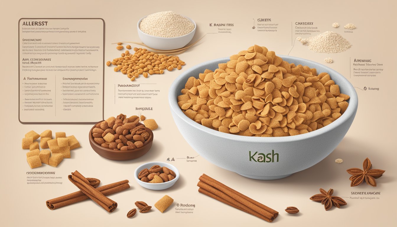 A bowl of Kashi Organic Promise Cinnamon Harvest cereal surrounded by various allergen information and safety symbols