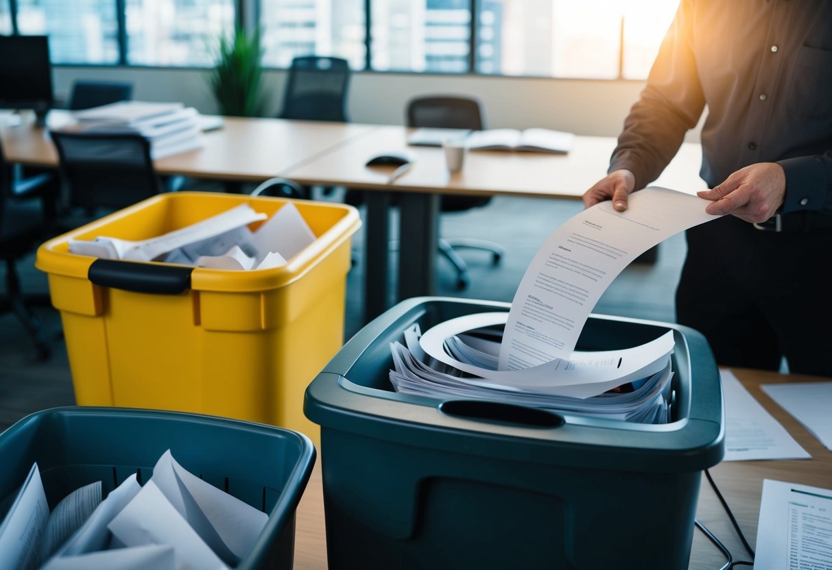 A busy office with a paper shredder, overflowing bins of paper, and a scheduled shredding service worker efficiently emptying and shredding documents