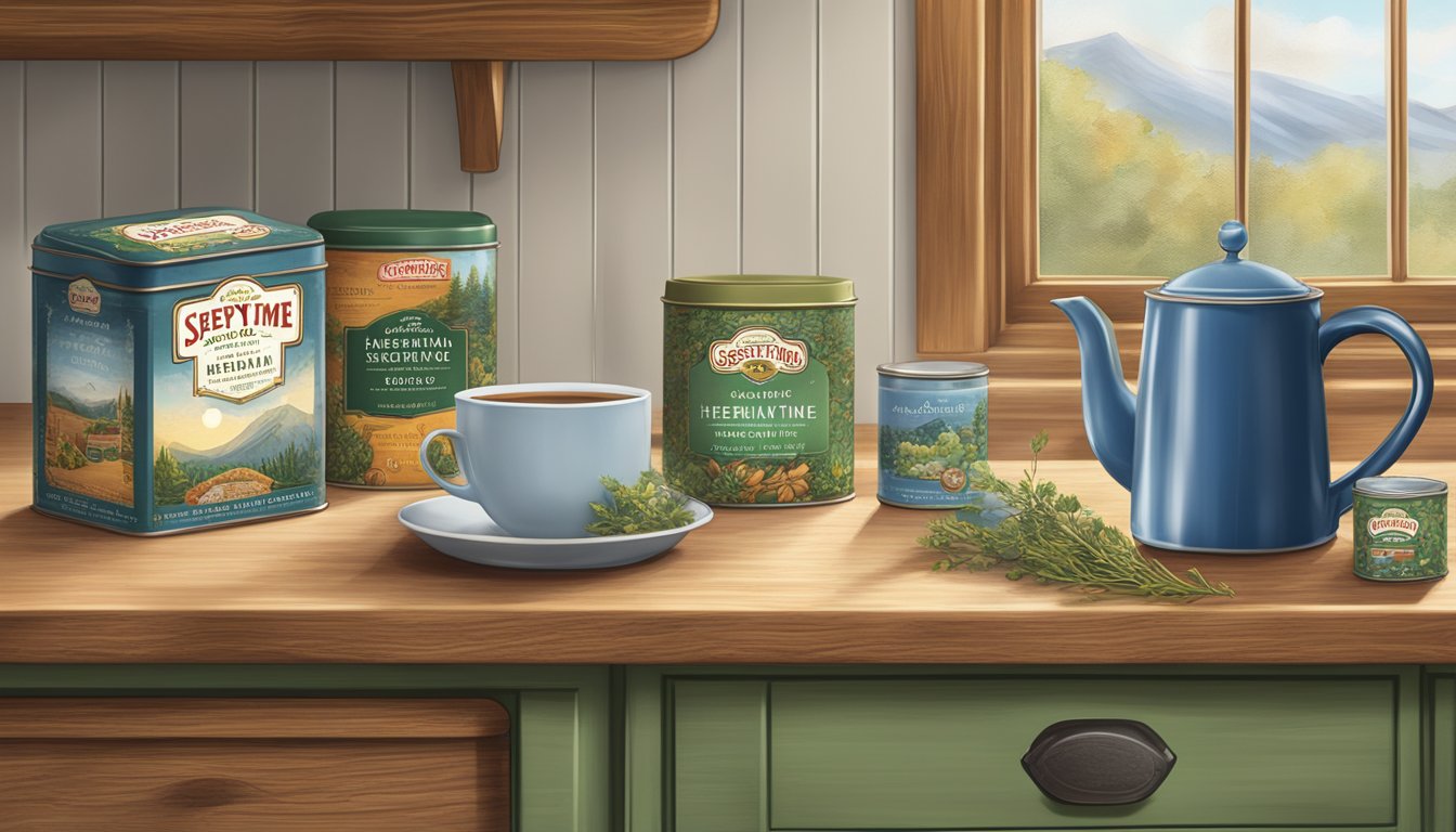 A cozy, rustic kitchen with a steaming cup of Celestial Seasonings Sleepytime Herbal Tea and a vintage tin of the brand's heritage packaging