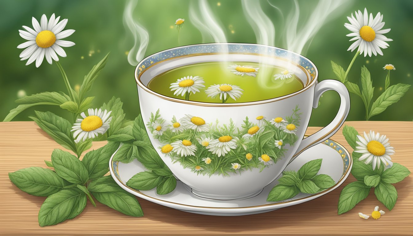 A steaming cup of Celestial Seasonings Sleepytime herbal tea surrounded by chamomile, spearmint, lemongrass, and tilia flowers