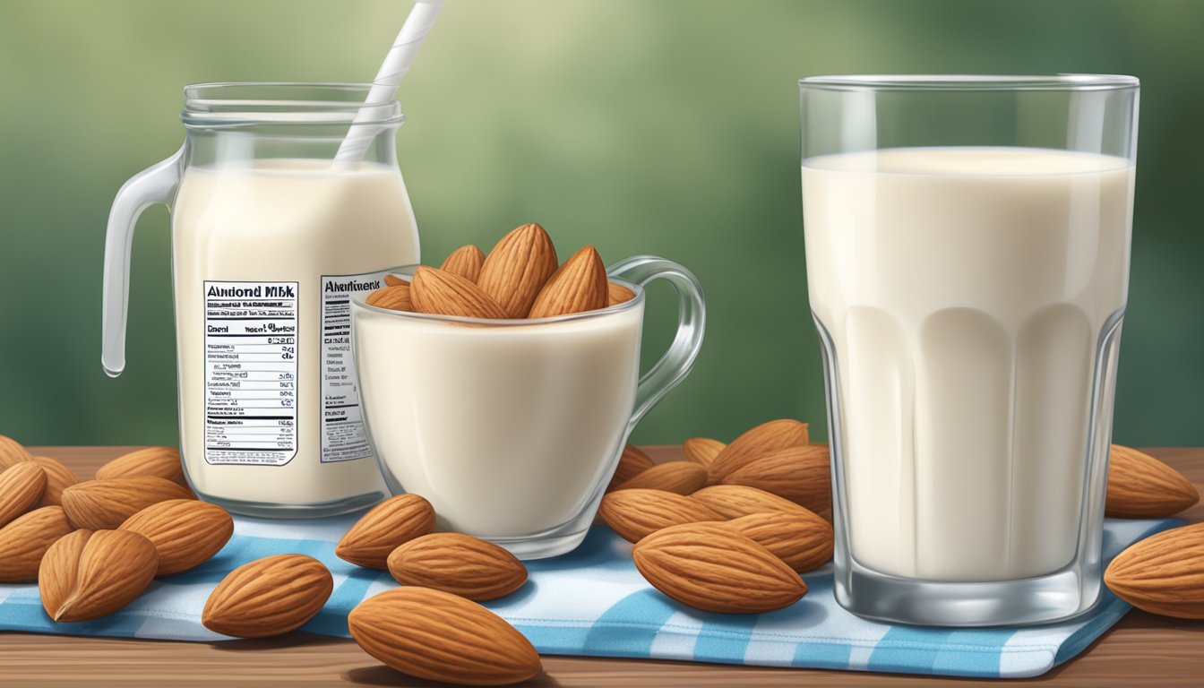 A glass of Silk almond milk surrounded by almonds, a measuring cup, and a nutrition label