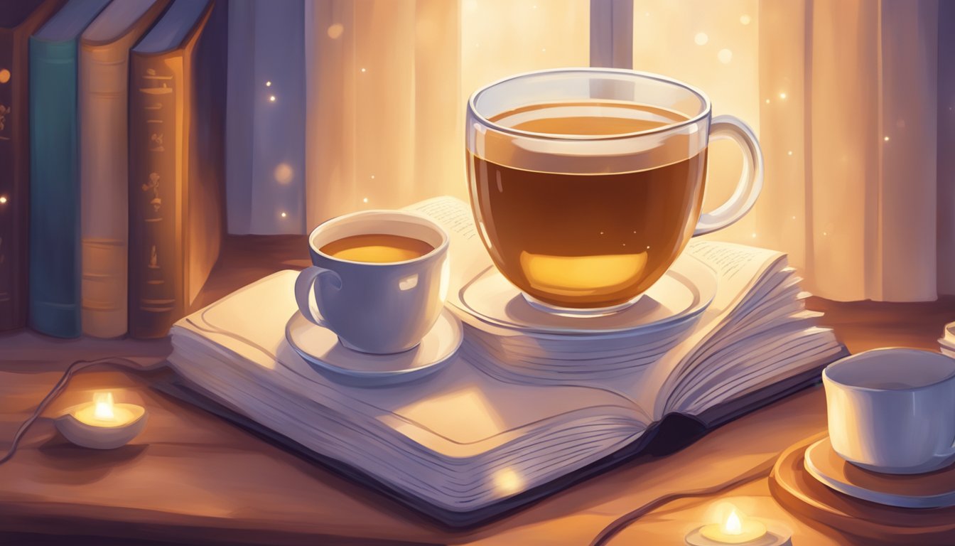 A cozy night scene with a mug of Sleepytime tea, a warm blanket, and a book by soft lamplight