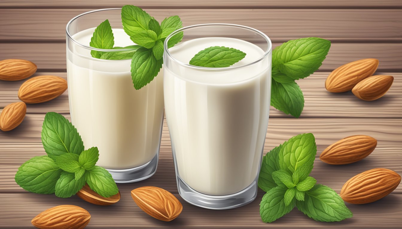 A glass of silk almond milk surrounded by almonds and a sprig of fresh mint on a wooden table