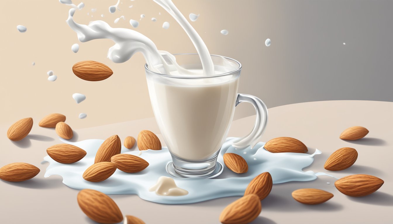 A glass filled with silk almond milk surrounded by scattered almonds and a flowing stream of milk pouring from a carton