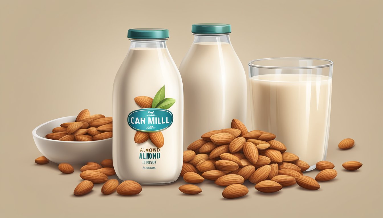 A carton of Silk almond milk surrounded by almonds and a warning sign