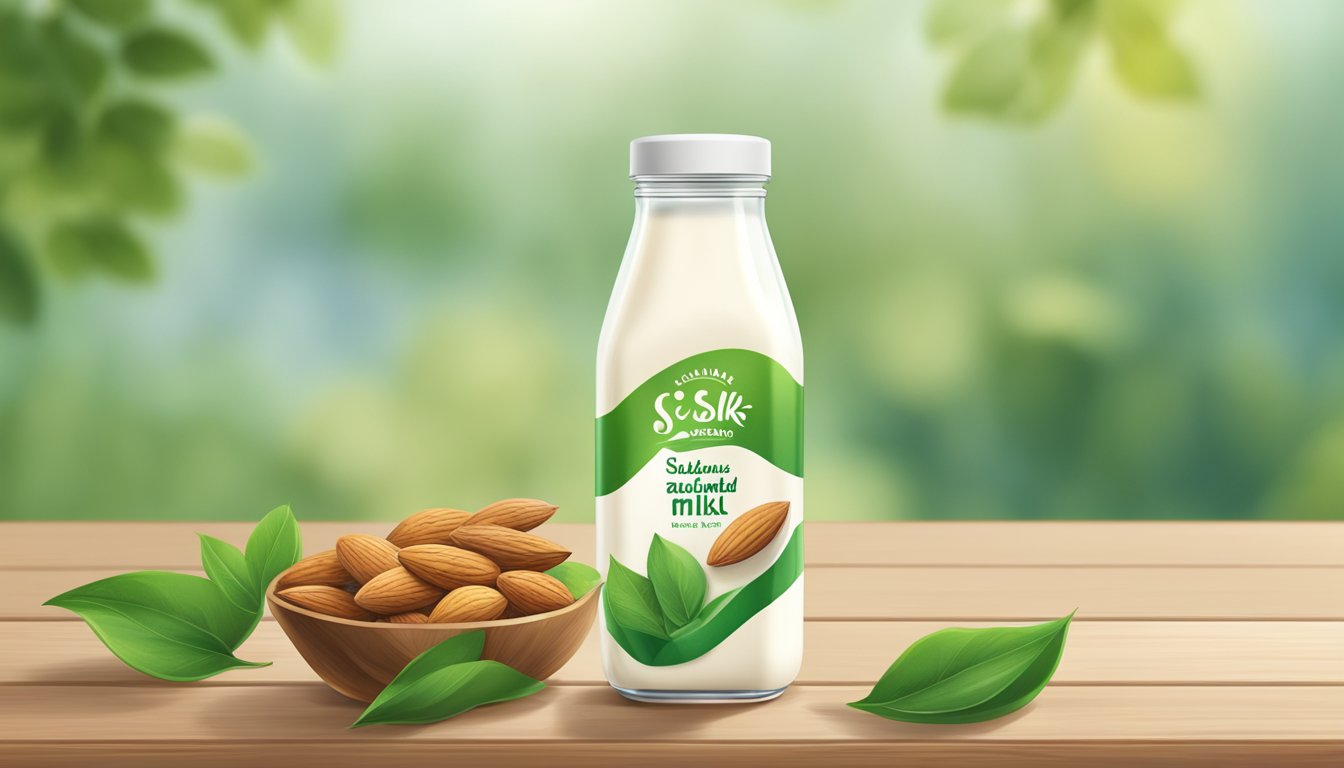 A glass of silk almond milk sits on a wooden table, surrounded by green leaves and sustainable packaging