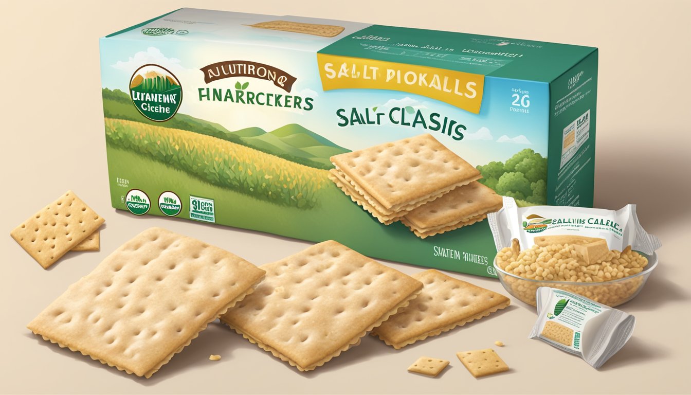 A box of Late July organic classic saltine crackers surrounded by scattered whole grain ingredients and a nutrition label