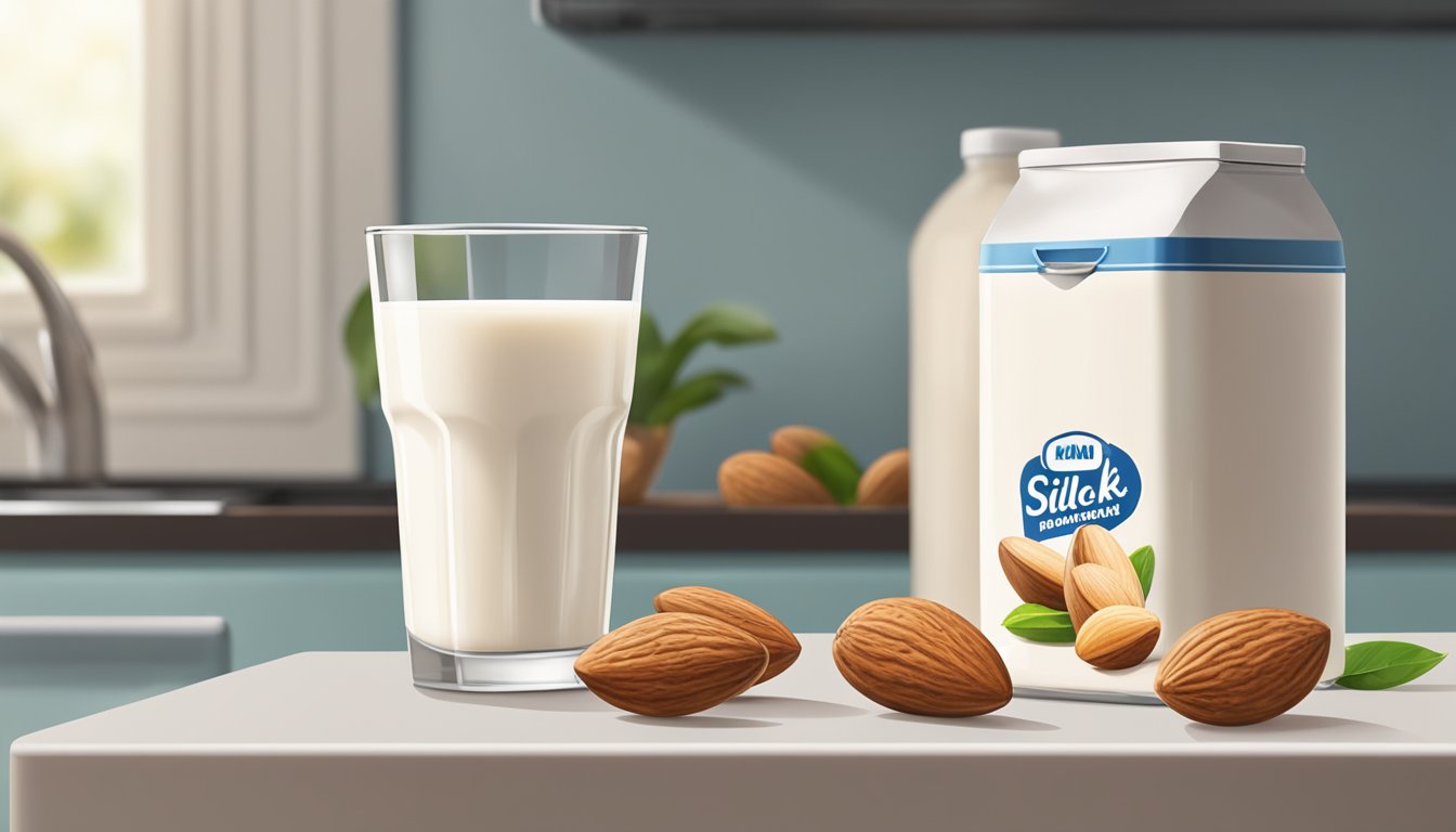 A glass of silk almond milk sits next to a refrigerator, with a few almonds scattered around. The background includes a kitchen counter with a bowl of fruit