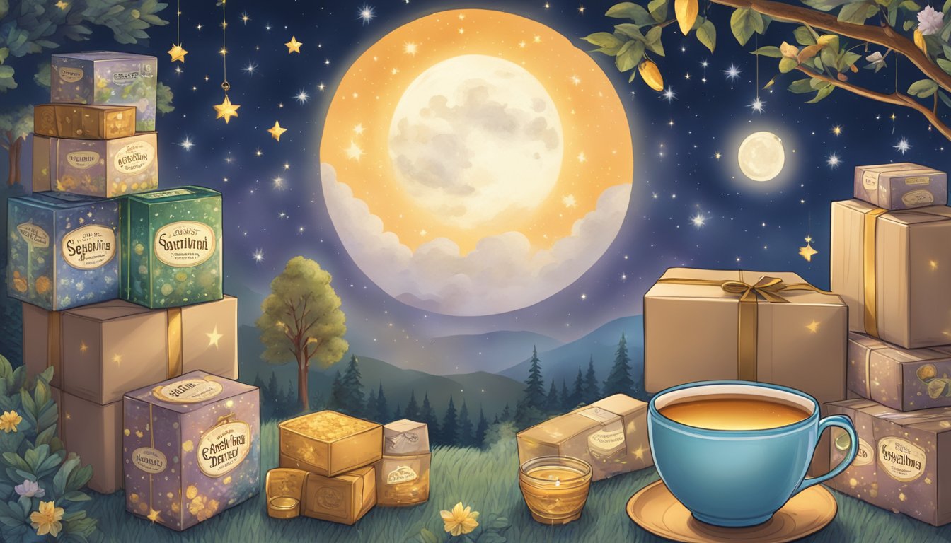 A cozy night sky with a crescent moon and twinkling stars, surrounded by boxes and packets of Celestial Seasonings Sleepytime herbal tea with "Special Offers and Promotions" displayed prominently