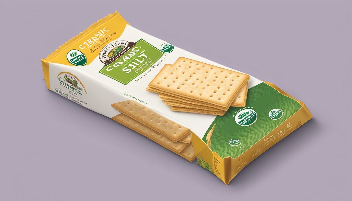 A stack of late July organic classic saltine crackers with certifications and standards logos visible on the packaging