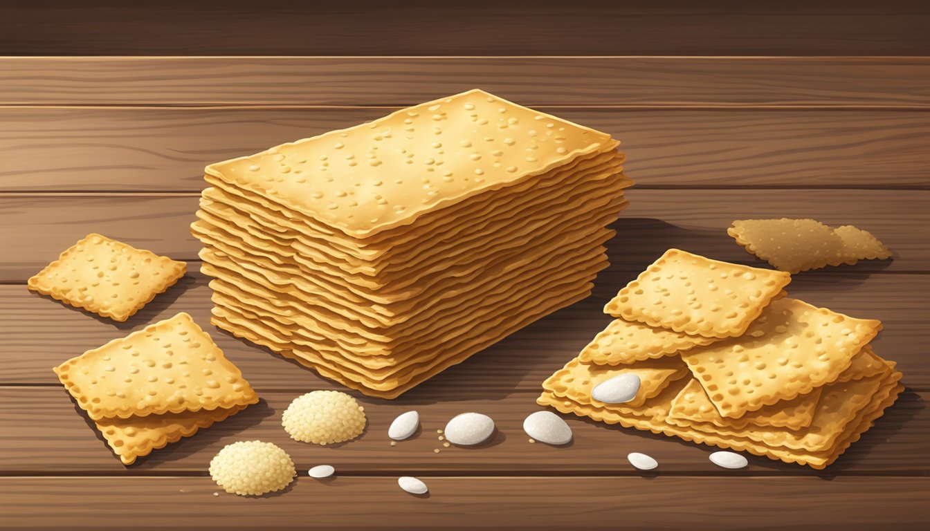 A rustic wooden table holds a stack of golden brown organic classic saltine crackers, with scattered grains of salt and a hint of sea breeze in the air