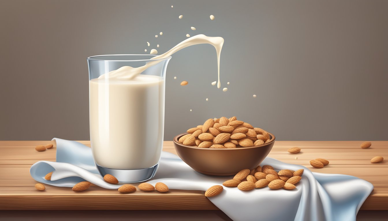 A glass of Silk almond milk sits next to a bowl of cereal on a wooden table, with a splash of milk pouring from a bottle