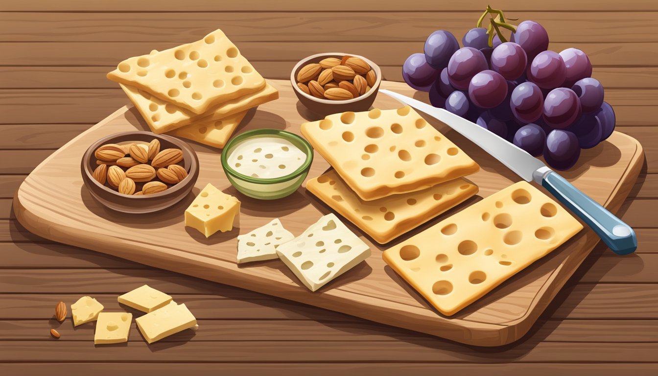 A plate of late july organic classic saltine crackers with a variety of cheese, grapes, and nuts arranged on a wooden cutting board