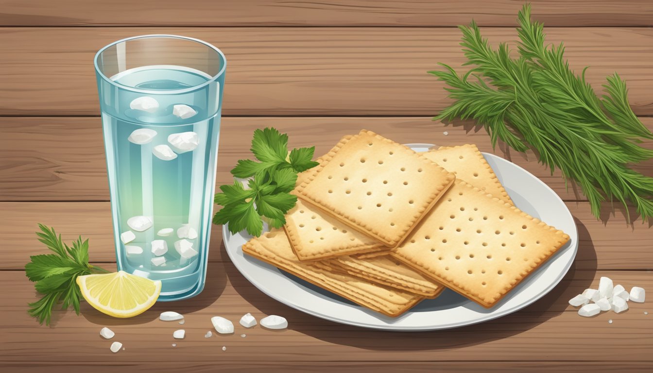 A rustic wooden table with a plate of organic classic saltine crackers, surrounded by fresh herbs and a glass of water