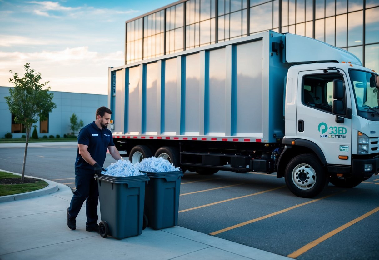 A shredding truck parked outside a modern office building, with a worker rolling out bins of paper to be shredded