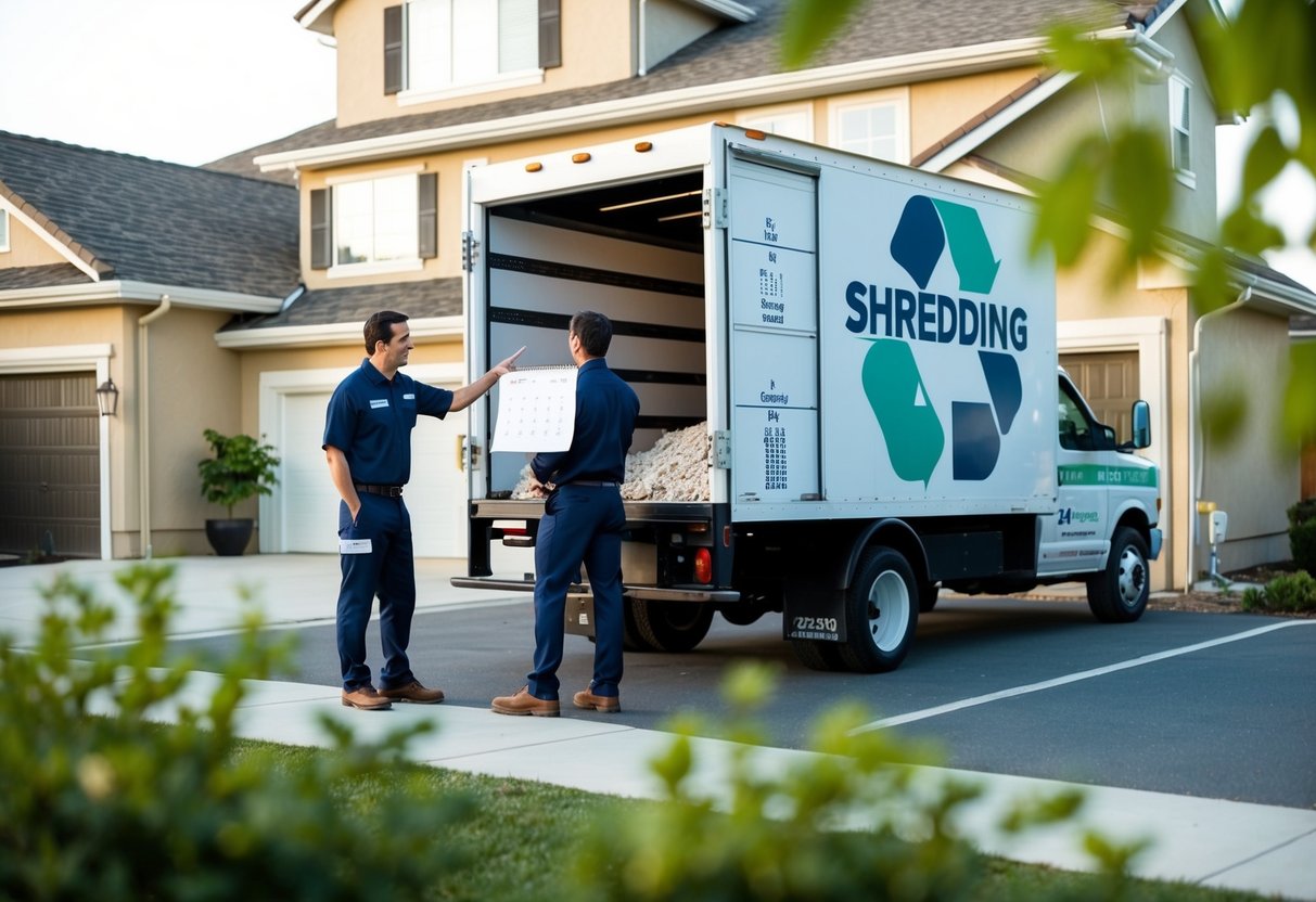 A shredding truck parked outside a home, with a person pointing to a calendar and discussing options with the service provider