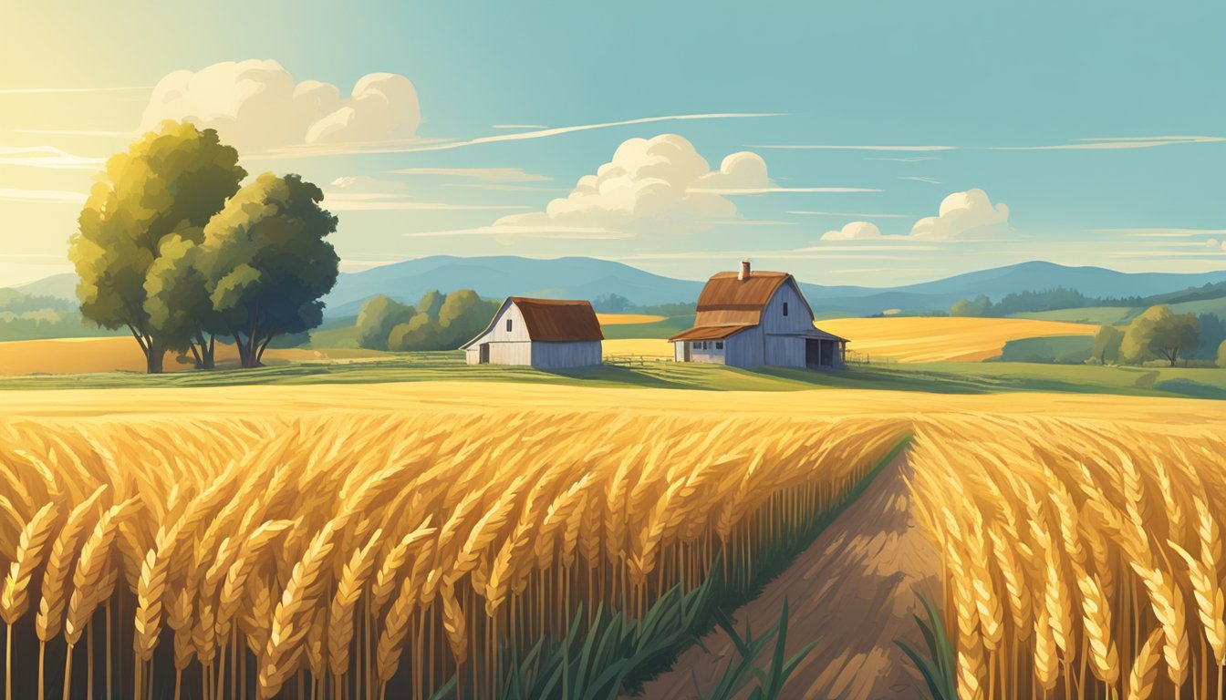 A lush field of golden wheat sways in the breeze under a clear blue sky, with a small farmhouse in the distance and a sustainable, organic farming operation in full swing