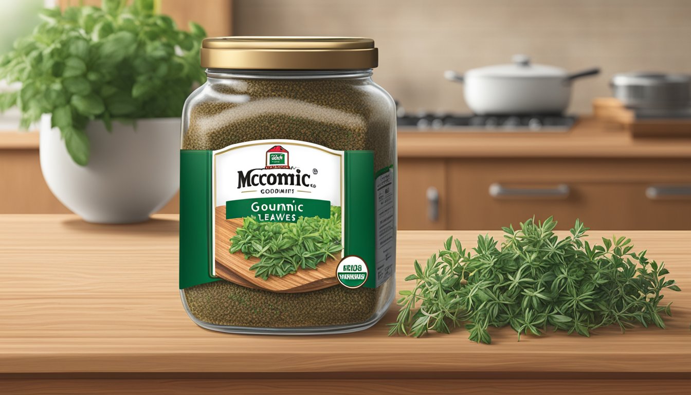 A glass jar of McCormick Gourmet Organic Thyme Leaves sits on a wooden countertop, surrounded by fresh herbs and spices. The label prominently displays the brand name