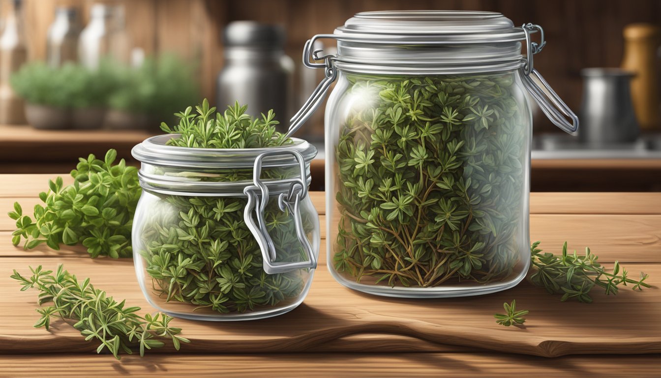 A clear glass jar of McCormick Gourmet Organic Thyme Leaves sits on a rustic wooden tabletop, surrounded by fresh sprigs of thyme