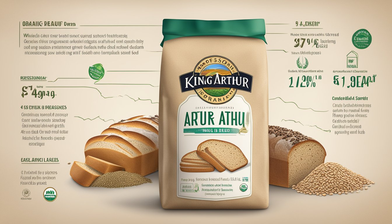 A bag of King Arthur Organic Bread Flour surrounded by a variety of whole grains and seeds, with a nutrition label displayed prominently